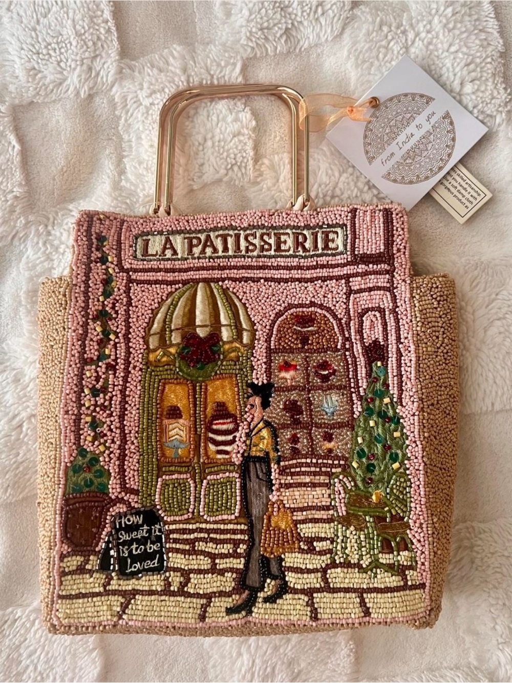 LA PATISSERIE Pink Beaded Tote Bag with Gold Handles NWT